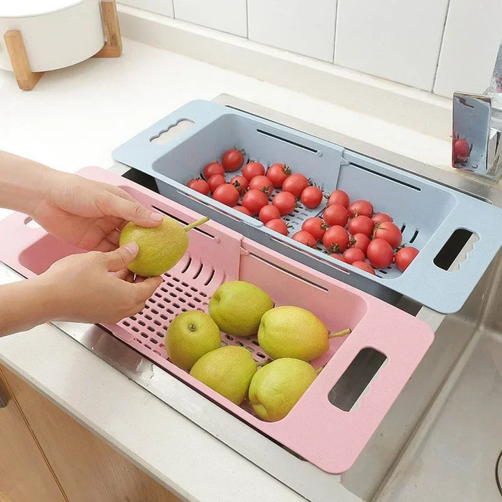 FlexDrain Dreneringskurv Kjøkken – Justerbar Kokedusjorganisator | Automatisk Drenering & Frukt Grønnsakstørrer | Plassbesparende Kjøkken Tilbehør | Luvikno