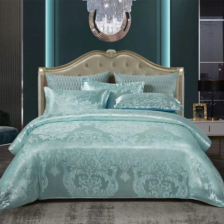 Luvikno | Luksuriøst Satin Rayon Jacquard Dynecover i Gull & Blå
