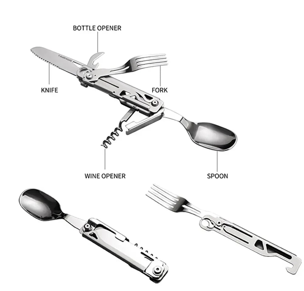 Luvikno | GearSpork Utendørs bestikk 6-i-1 | Sammenleggbart multifunksjonelt bestikk laget av rustfritt stål | Kniv, gaffel, skje, boksåpner & flaskeåpner | For camping & trekking