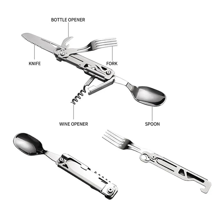 Luvikno | GearSpork Utendørs bestikk 6-i-1 | Sammenleggbart multifunksjonelt bestikk laget av rustfritt stål | Kniv, gaffel, skje, boksåpner & flaskeåpner | For camping & trekking