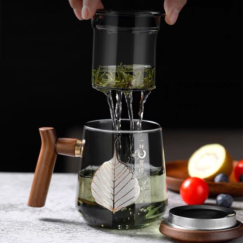 Premium Glass Tea Cup with Filter and Wooden Handle, 470ml | Luvikno