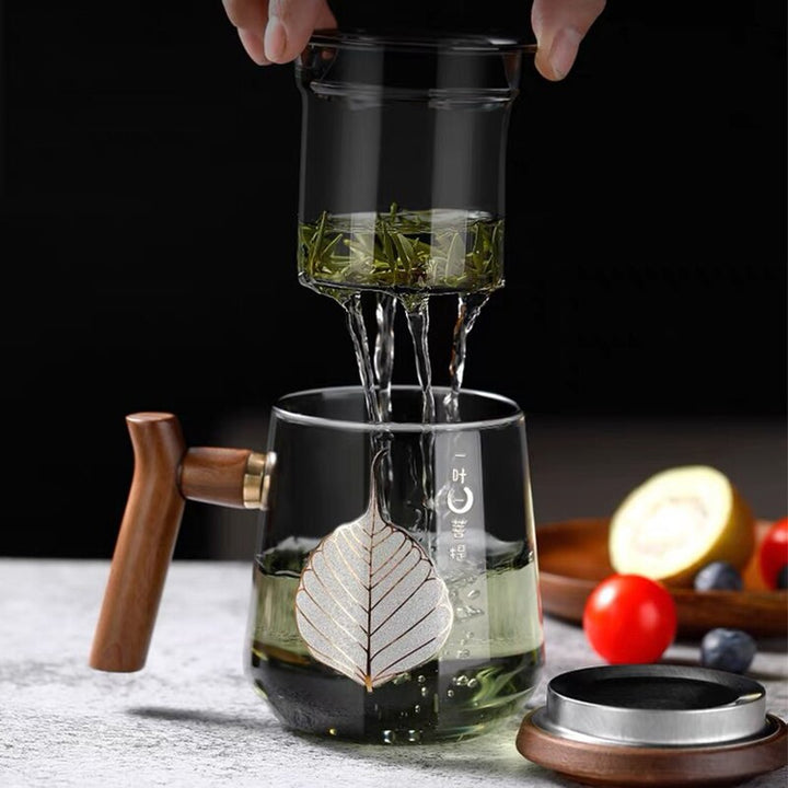 Premium Glass Tea Cup with Filter and Wooden Handle, 470ml | Luvikno