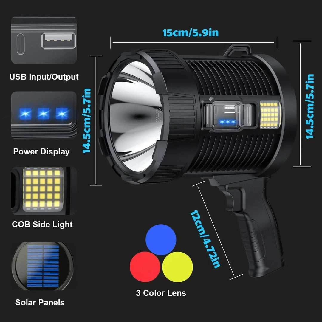 Luvikno | Spotlight LuminexPro 900K | 900,000 Lumen | 10,000 mAh Batteri | Sol- og USB-lading | IPX5 Vanntett
