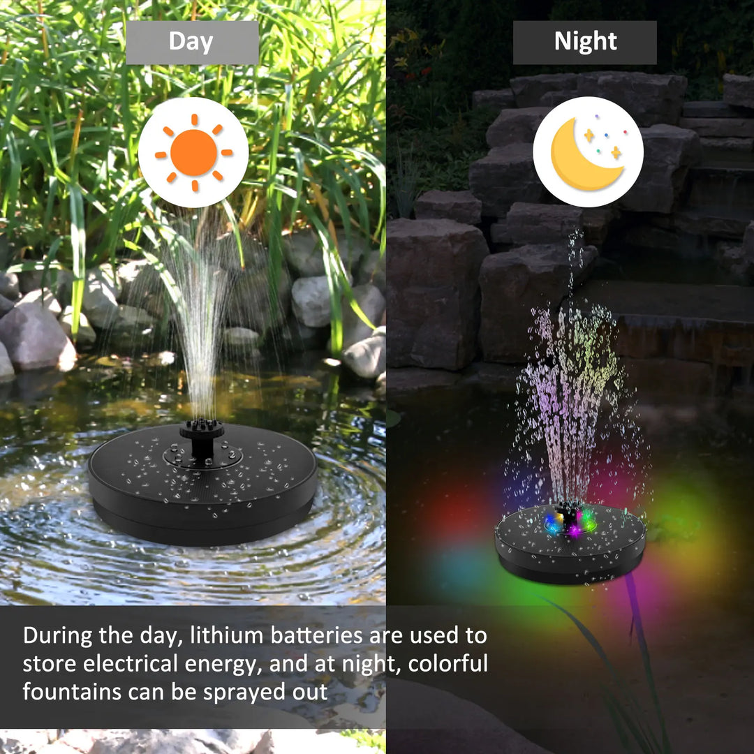 Luvikno | AquaLume Solar Spring | 3W Solfontene med LED Fargevalg | Opptil 60 cm Fontenehøyde | 7 Munstykkevedlegg