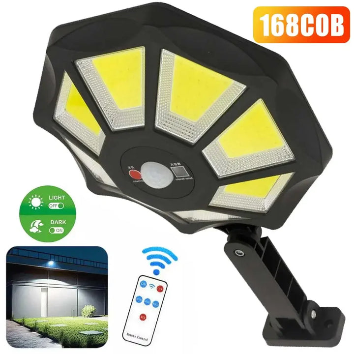 Luvikno | Solarkon OctaBeam | 168 LED Sollys | 360° Bredvinkel | IP65 | Med fjernkontroll og bevegelsessensor