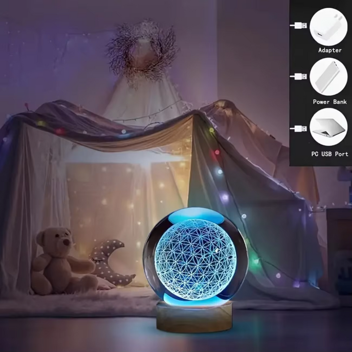 Fortryllende 3D Livets Blomst Krystallkule med Fargeforandrende USB Nattlys Luvikno