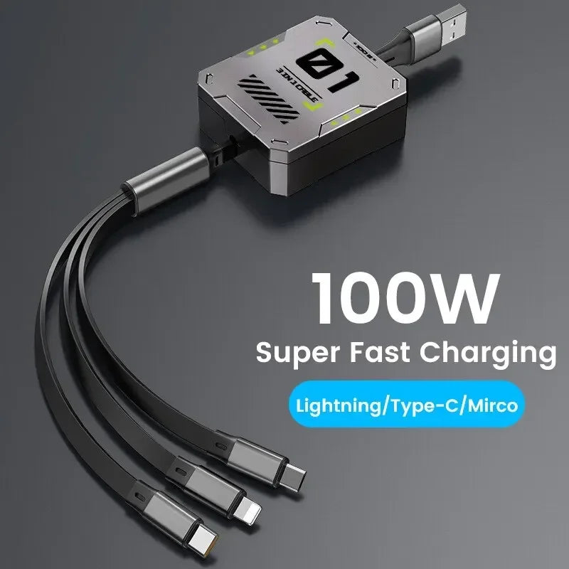 Luvikno | 3-i-1 Laderkabel | Hurtiglading 100W | Utvidbar & Universell | FlexiCharge for iPhone, Android & USB-C