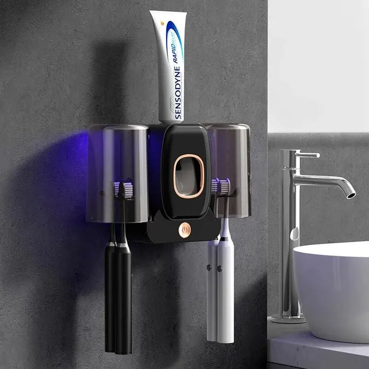 Luvikno | UV Tannbørsteholder PureBrush UV | Sterilisering med UV Lys | Automatisk Tannkremdispenser | Veggmontering Uten Boring