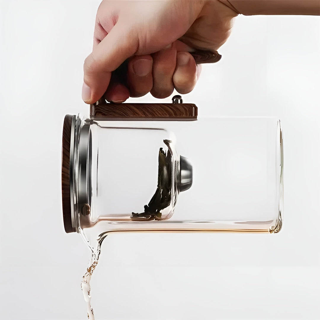 Glas tekanne med trebhandle – Én-klikks filter | Perfect for løs te & Puer | Luvikno