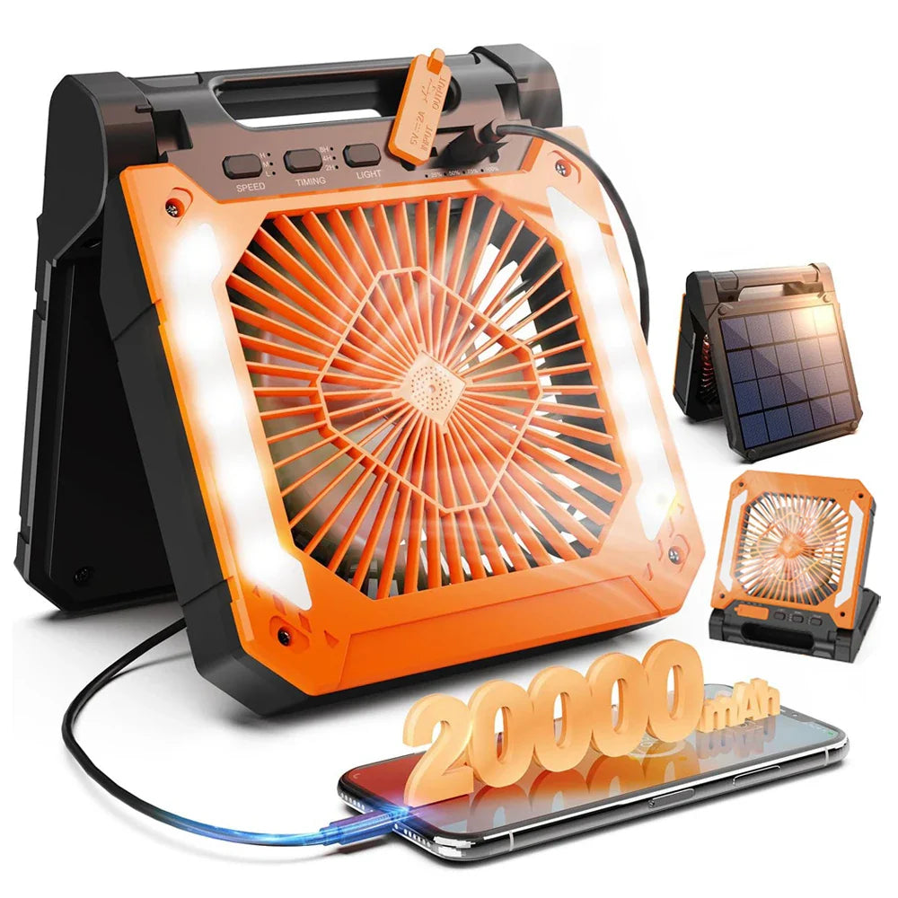 20000mAh Bærbar Elektrisk Vifte med LED Lys — USB, Sol & Bil Lading for Camping | Luvikno