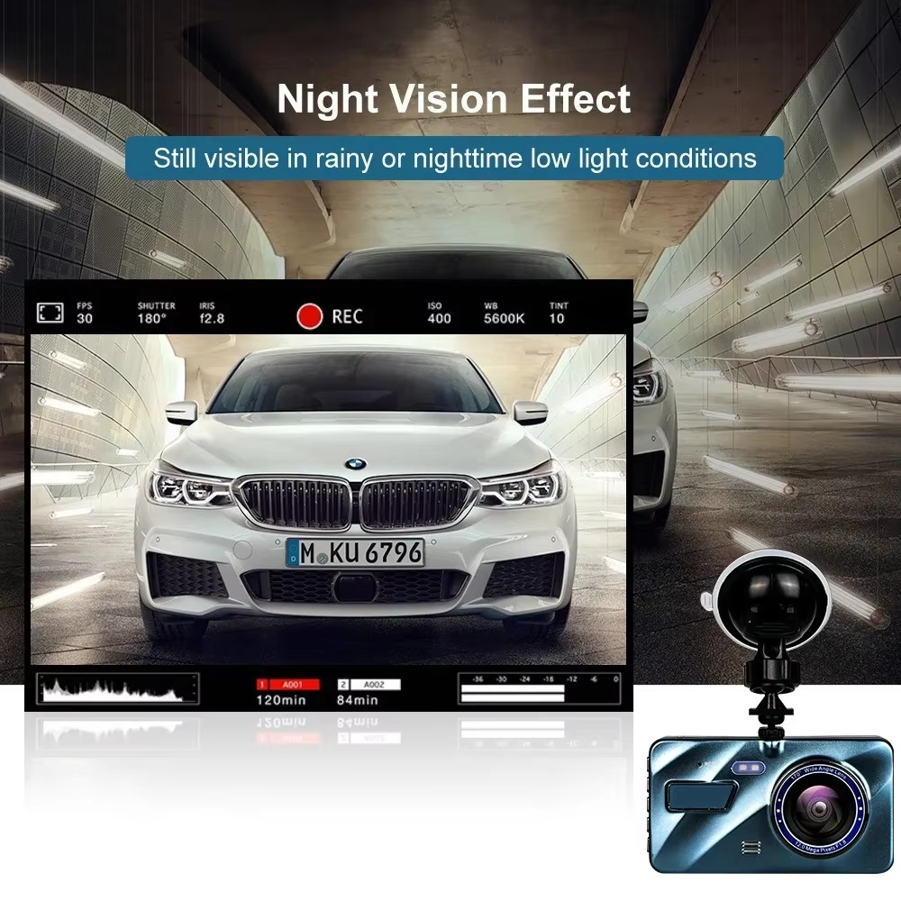 4" Dobbeltlinse Dash Cam med Full HD 1080P, Nattesyn, Front- og Bakvisning, Loopopptak, Aluminiumslegering Svart Boks Luvikno