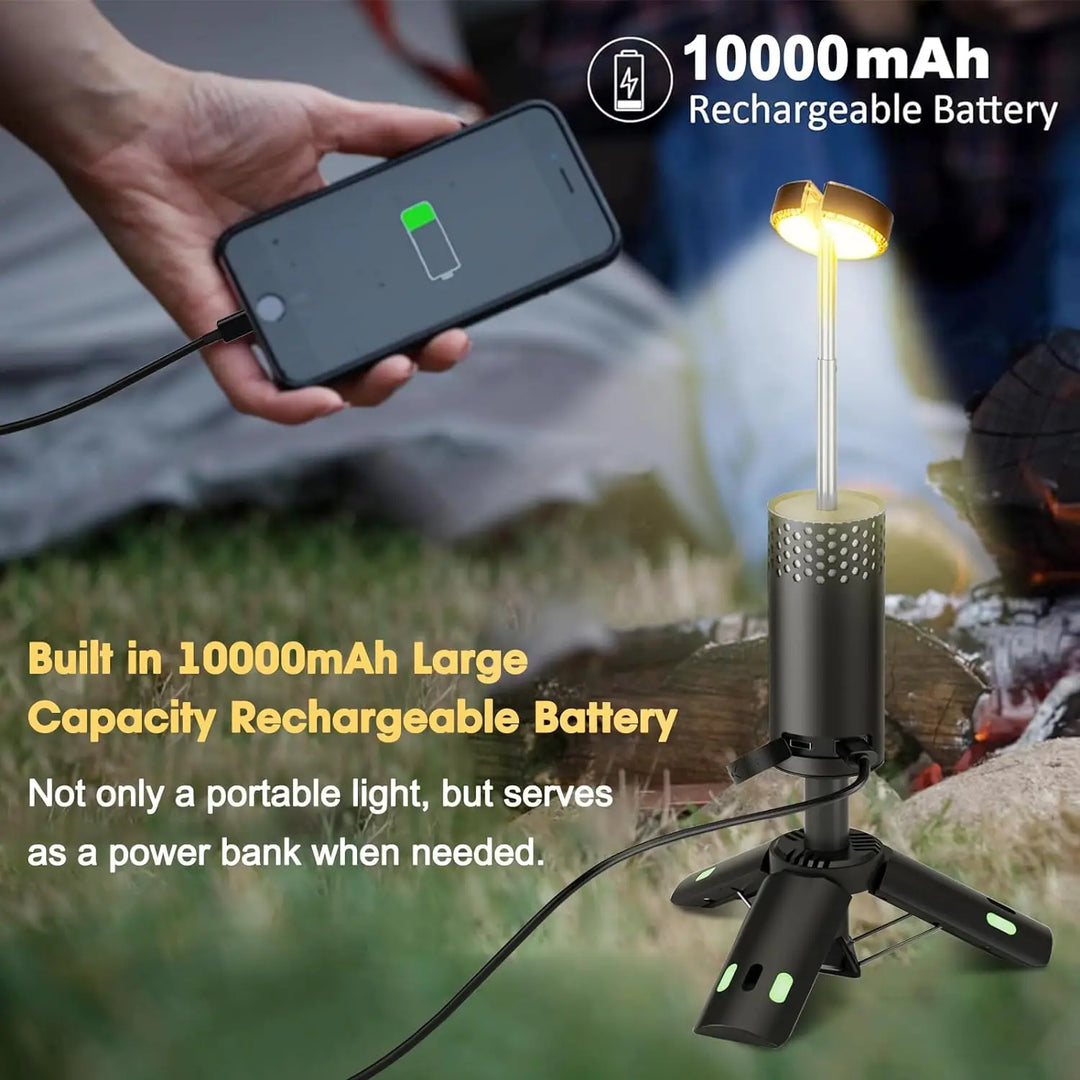 Luvikno | LumaPeak Campinglampe | 10 000 mAh Batteri | Teleskopisk Design & Stativ | Dimmbar med SOS Funksjon | Utendørs & Nødlampe