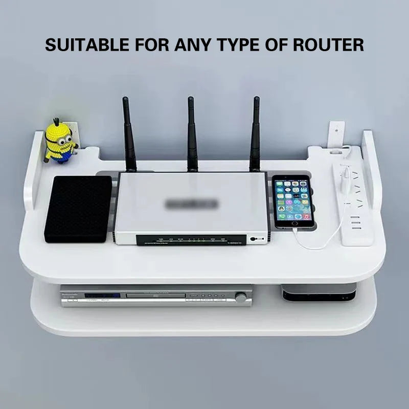 Luvikno | SkyConnect Home | WLAN Ruter Vegghylle | Skjult Kabel Organizer & Stikkontakt Holder | Flytende Hylle for TV Boks & Mer | Hvit | 40×12×8 cm