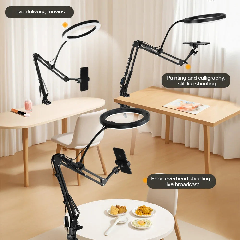 LumiFlex LED ring light med fleksibel arm & telefonholder | 3 lysfarger & USB-tilkobling | Perfekt for livestream, video & selfie Luvikno