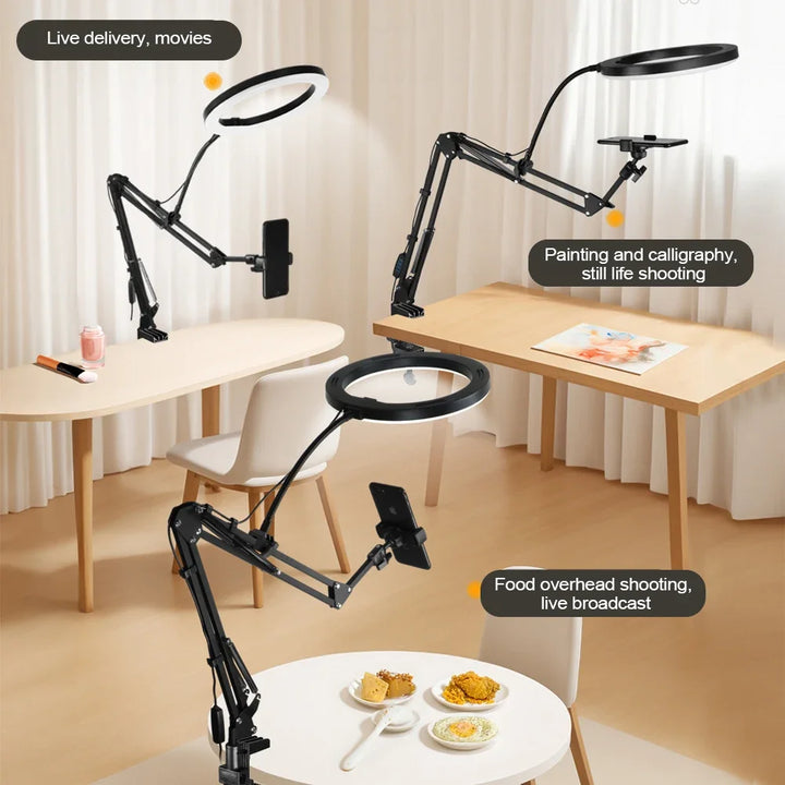 LumiFlex LED ring light med fleksibel arm & telefonholder | 3 lysfarger & USB-tilkobling | Perfekt for livestream, video & selfie Luvikno