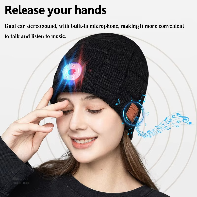 Trådløs Bluetooth Musikk Lue med Innebygde Hodetelefoner og LED Lys Luvikno