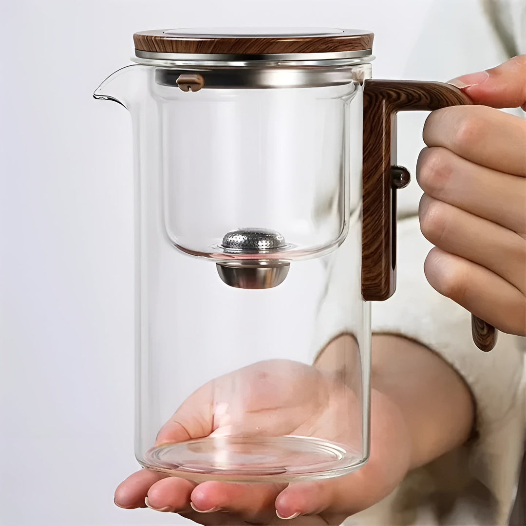 Glas tekanne med trebhandle – Én-klikks filter | Perfect for løs te & Puer | Luvikno