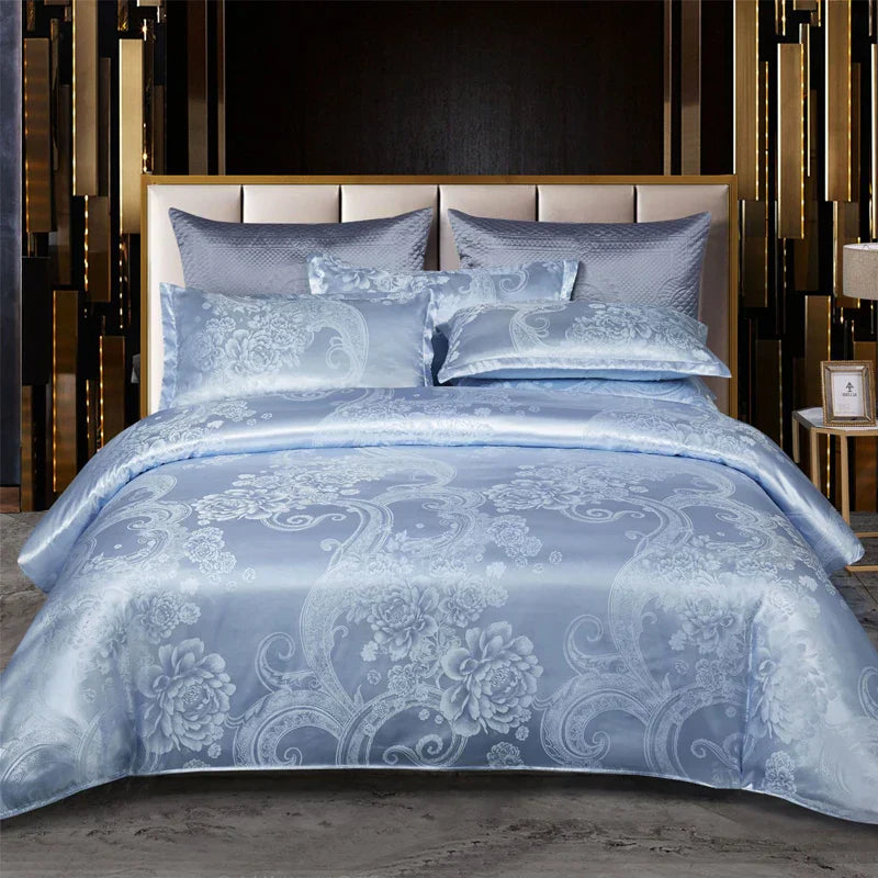 Luvikno | Luksuriøst Satin Rayon Jacquard Dynecover i Gull & Blå