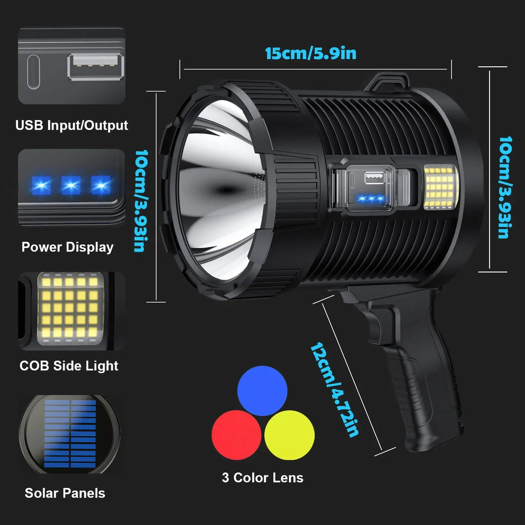 Luvikno | Spotlight LuminexPro 900K | 900,000 Lumen | 10,000 mAh Batteri | Sol- og USB-lading | IPX5 Vanntett
