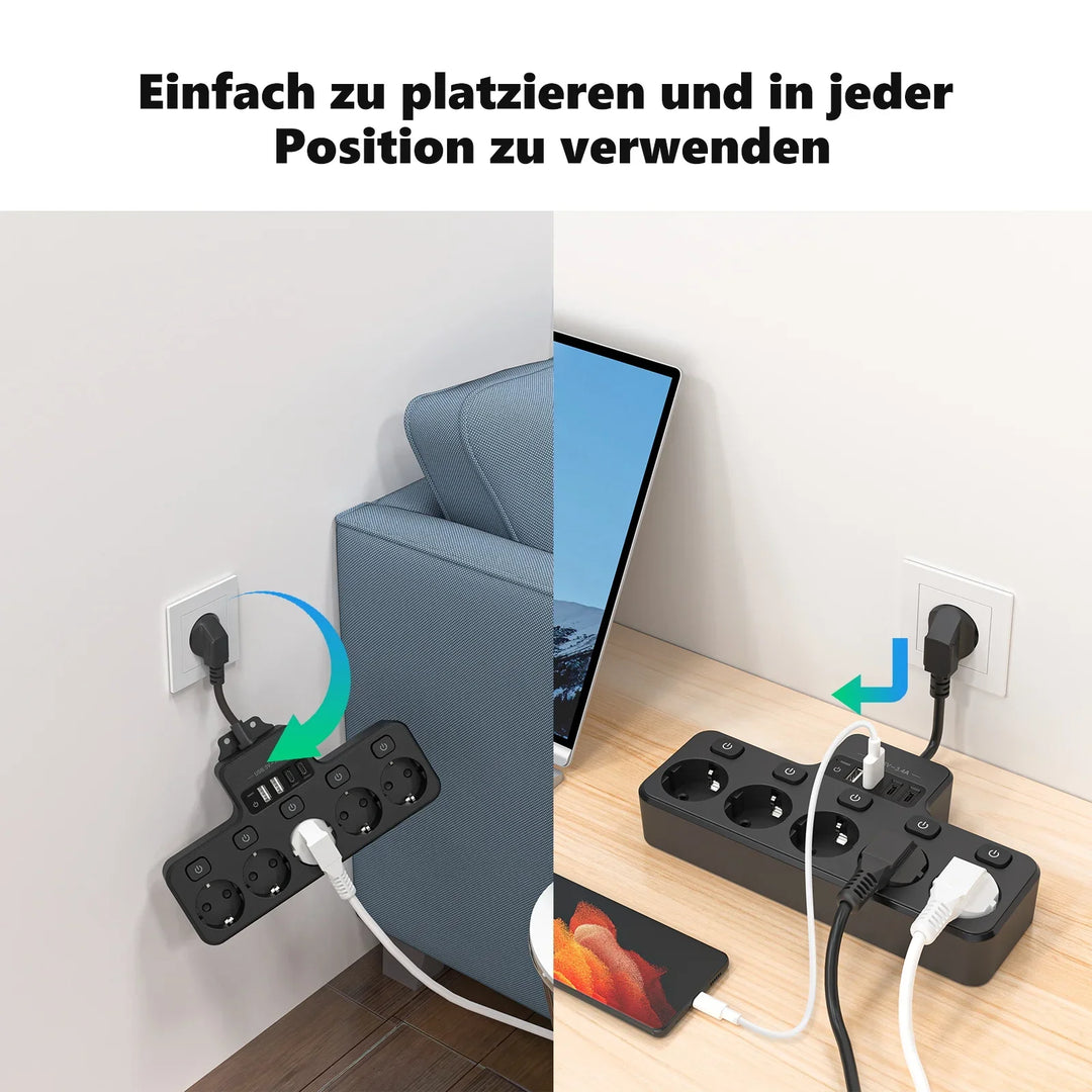Voltaro Pro 9-i-1 | Strømskinne EU | 5 AC-utganger + 4 USB (2× Type-C) | Individuell bryter | 16A | Kort kabel 10 cm Luvikno