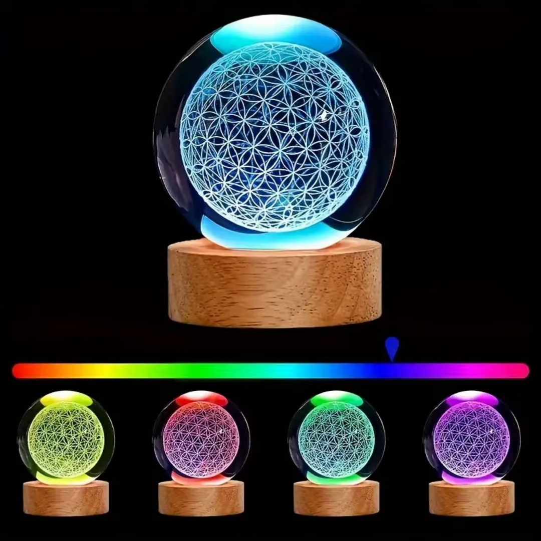 Fortryllende 3D Livets Blomst Krystallkule med Fargeforandrende USB Nattlys Luvikno