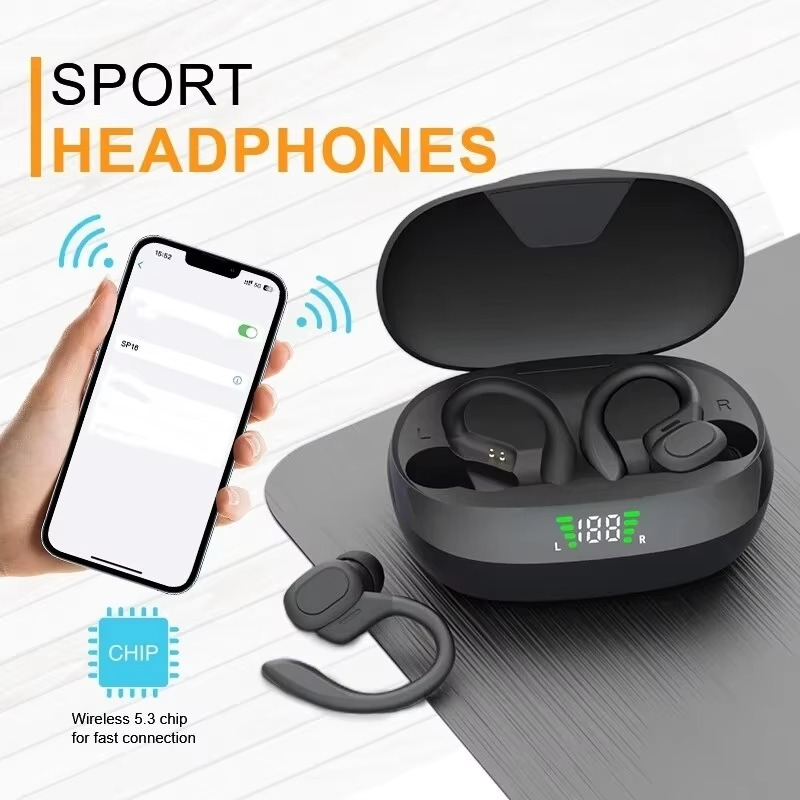 SP16 Ekte Trådløse Ørepropper med Ørekroker, Vanntette Sport Øretelefoner med Mikrofon og HiFi Stereo Lyd Luvikno