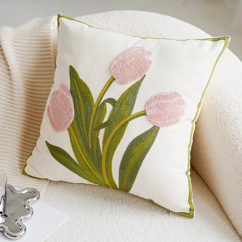 Grønn & Rosa Tulipan Broderi Putetrekk | Luvikno