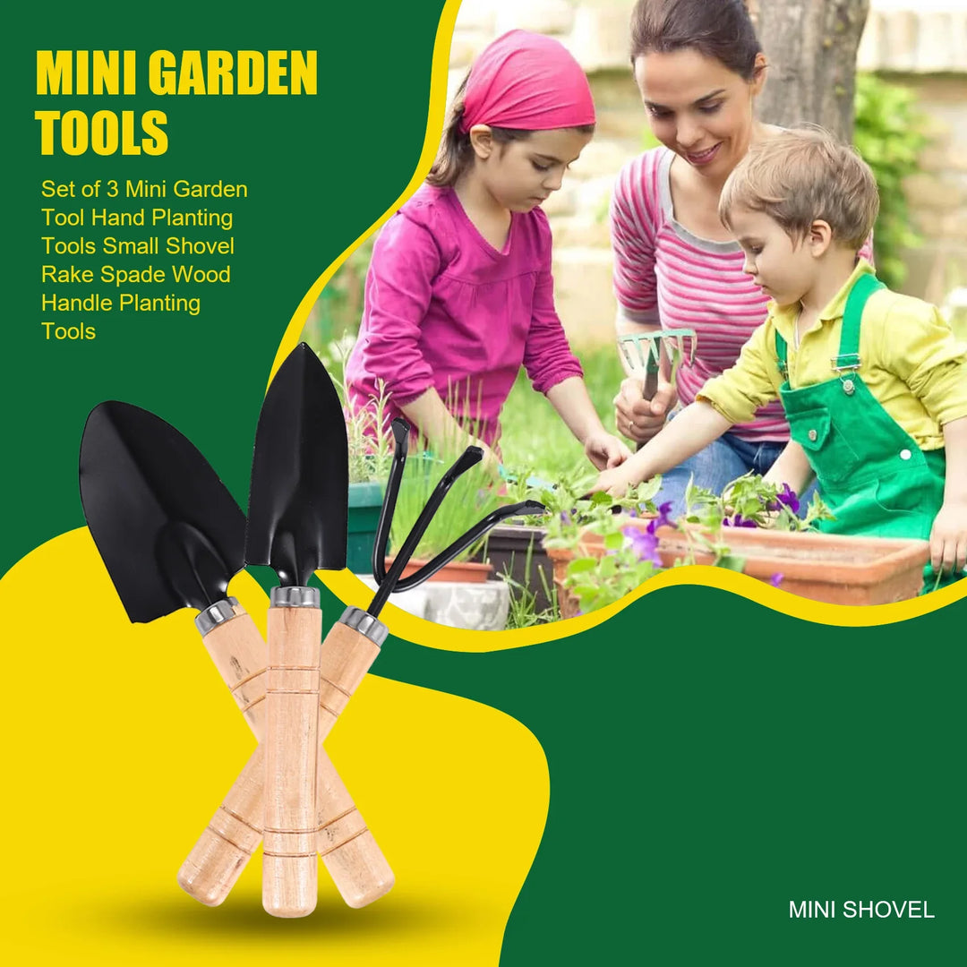 Luvikno | Planturio Mini Hageverktøysett 3-delt | Spade, Spade & Rive | Trehåndtak & Metallhode | For Bonsai & Stueplanter