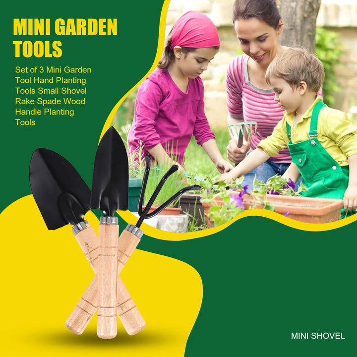Luvikno | Planturio Mini Hageverktøysett 3-delt | Spade, Spade & Rive | Trehåndtak & Metallhode | For Bonsai & Stueplanter