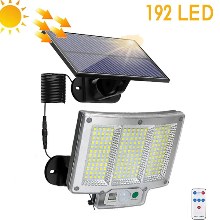 Luvikno | Solvalux Solarvegglys med bevegelsessensor | 192 LEDer | Avtakbar solcellepanel med 5 m kabel | 4 moduser & fjernkontroll | IP65 vanntett