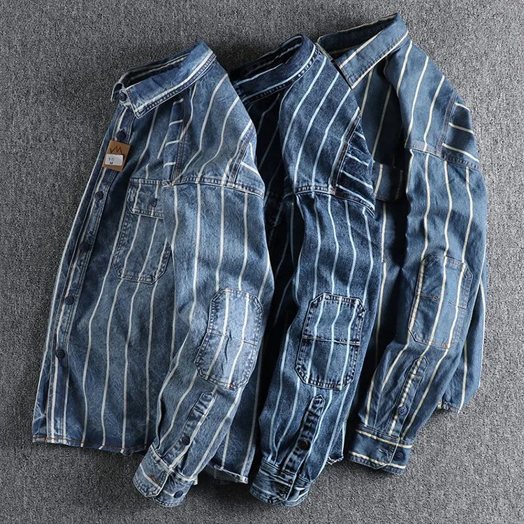 Luvik | Raidallinen Denim Takki Läpivienneillä Taskuilla