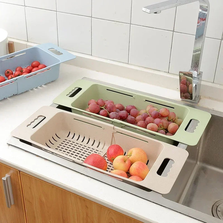 FlexDrain Dreneringskurv Kjøkken – Justerbar Kokedusjorganisator | Automatisk Drenering & Frukt Grønnsakstørrer | Plassbesparende Kjøkken Tilbehør | Luvikno