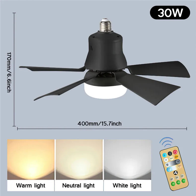 30W E27 Takvifte Lys med Fjernkontroll - LED Dimming Funksjon, Intelligent Stille Vifte for Soverom & Stue | Luvikno
