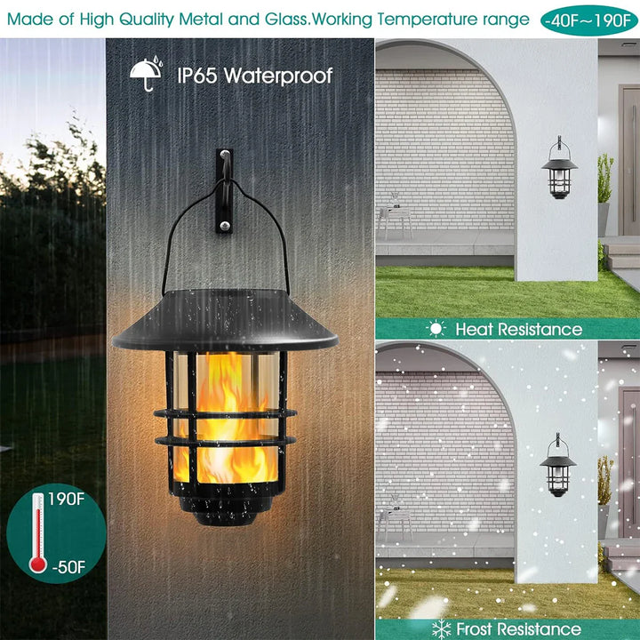 Luvikno | Flammora Solcelle Pendellampe med Flammeeffekt | IP65 Vanntett | Rustfritt Stål & Glass | For Hage, Gjerde & Terrasse