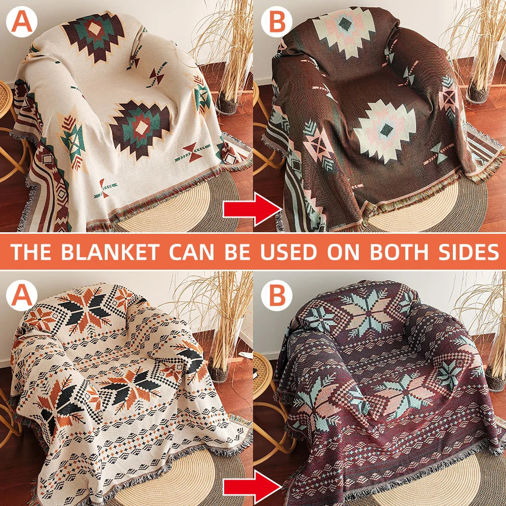 AztecaLoom Boho Teppe | XXL Aztec Kaste med Frynser | Southwestern Etno Stil | Vintage Kaste Teppe laget av Bomullsblanding Luvikno