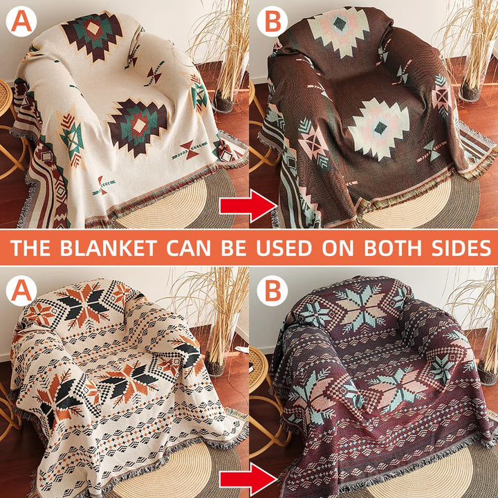 AztecaLoom Boho Teppe | XXL Aztec Kaste med Frynser | Southwestern Etno Stil | Vintage Kaste Teppe laget av Bomullsblanding Luvikno