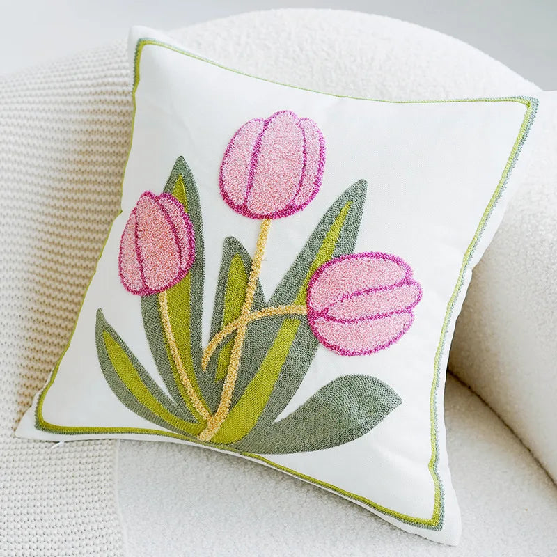 Grønn & Rosa Tulipan Broderi Putetrekk | Luvikno