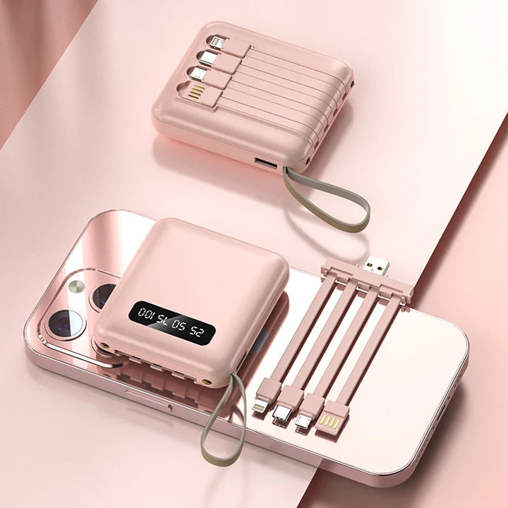 Luvikno | Mini Powerbank med Speildisplay | 20,000 mAh | Hurtigladingfunksjon & Integrerte Kabler | For iPhone, Samsung, Xiaomi & mer