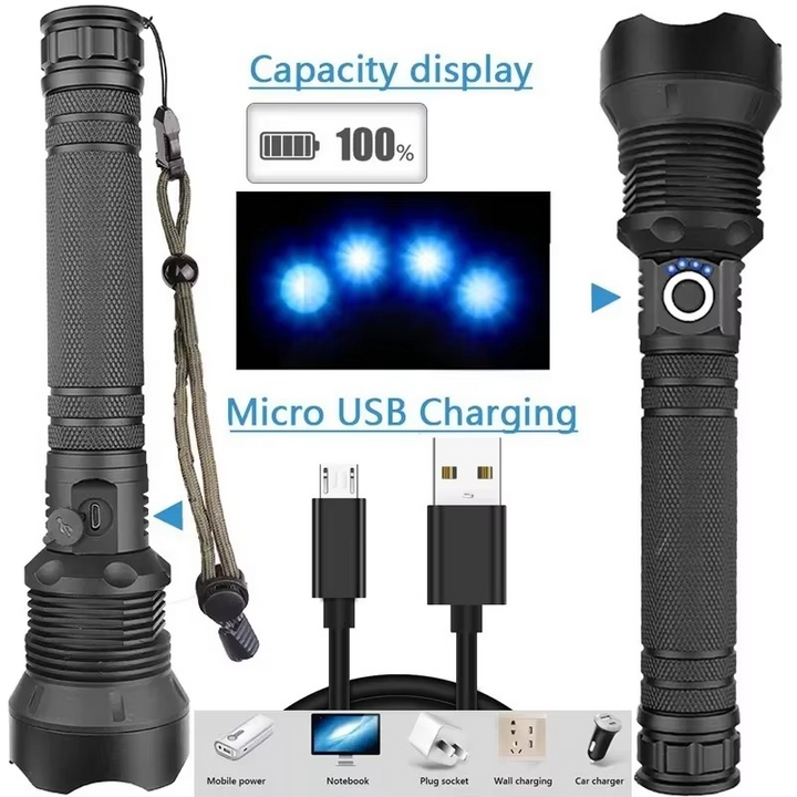 Høy-effekt LED taktisk lommelykt, USB oppladbar, zoombar lysstråle, 5 lysmodus, vanntett, passer 26650 batteri Luvikno