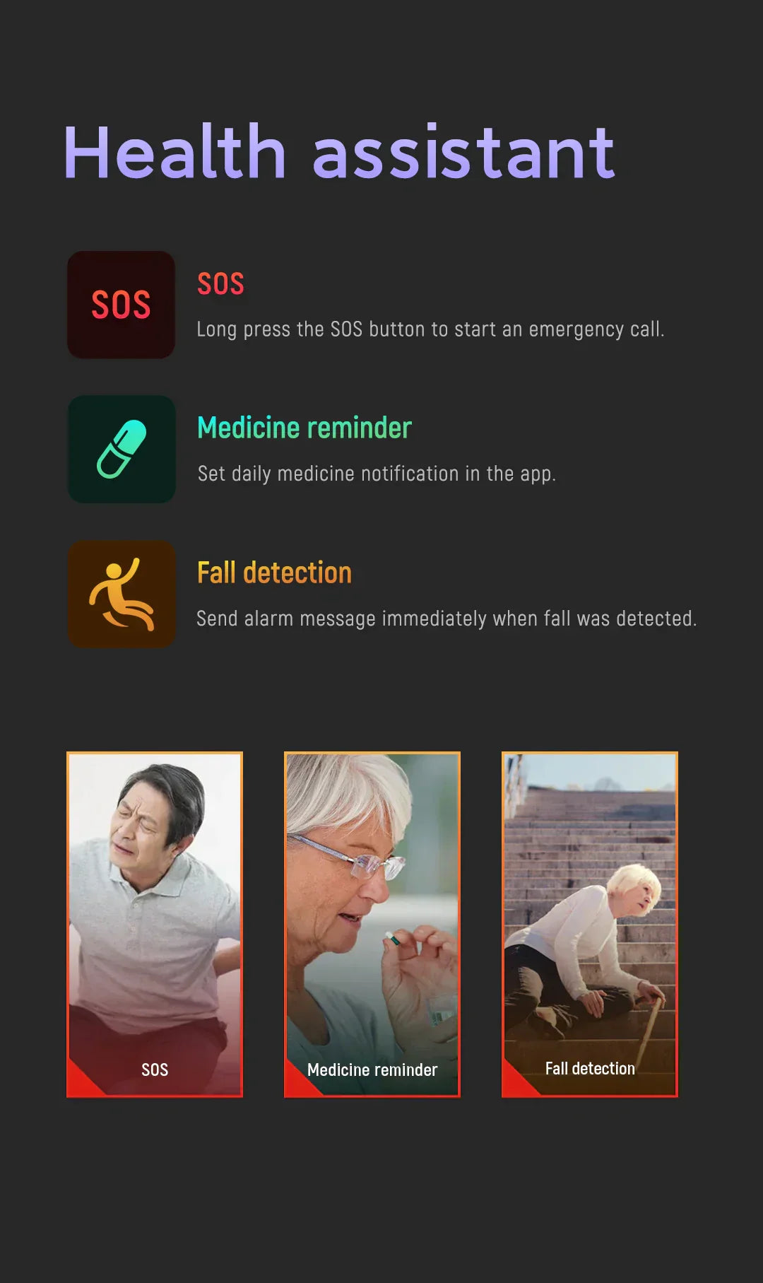 Senior Safety Watch med fallregistrering og GPS – Smart Care Smartklokke | Luvikno