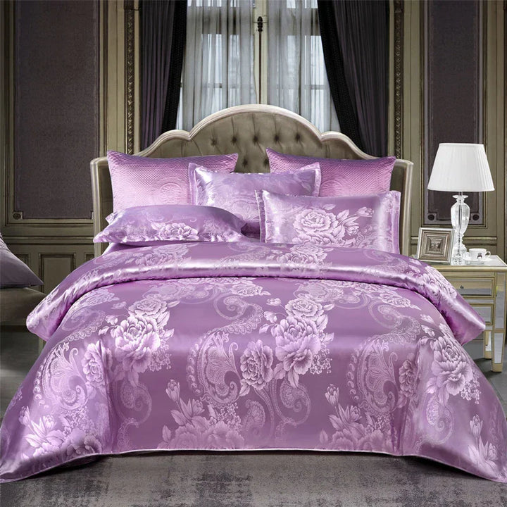 Luvikno | Luksuriøst Satin Rayon Jacquard Dynecover i Gull & Blå