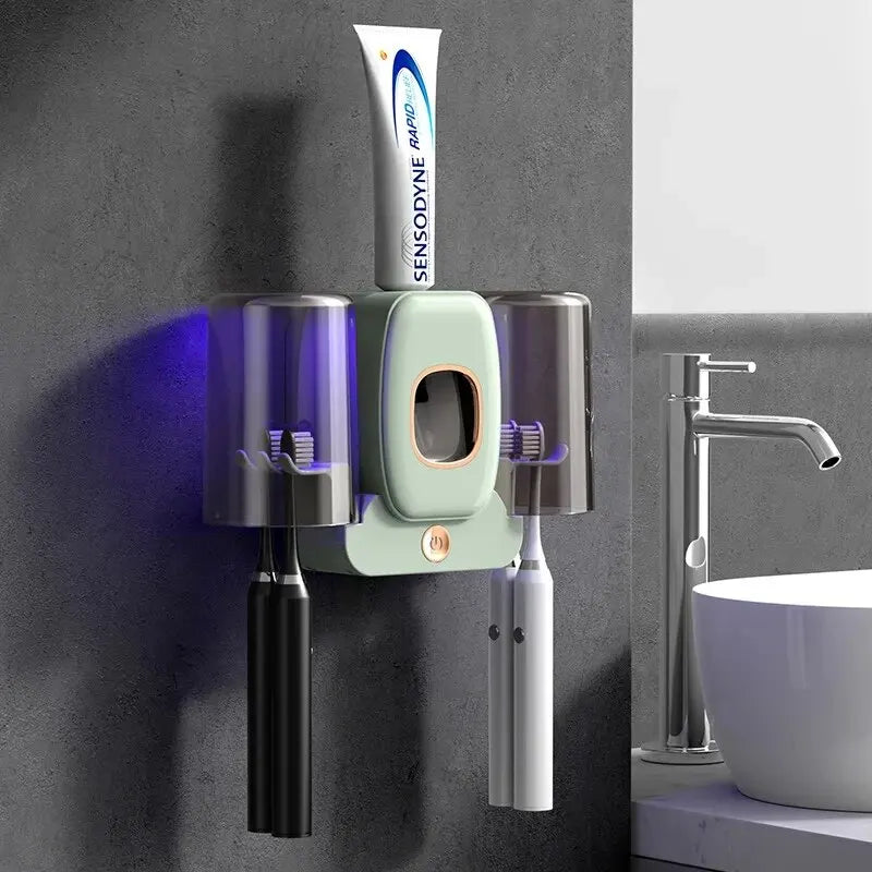 Luvikno | UV Tannbørsteholder PureBrush UV | Sterilisering med UV Lys | Automatisk Tannkremdispenser | Veggmontering Uten Boring