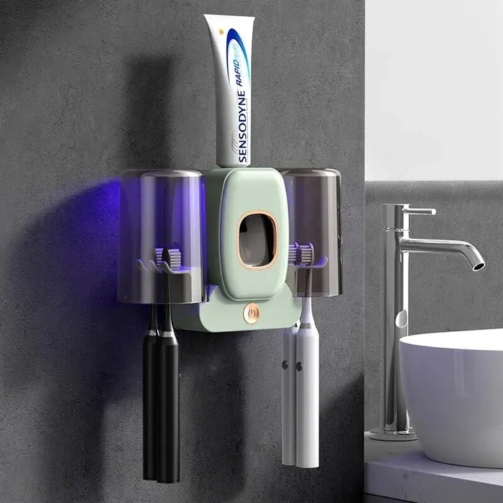 Luvikno | UV Tannbørsteholder PureBrush UV | Sterilisering med UV Lys | Automatisk Tannkremdispenser | Veggmontering Uten Boring