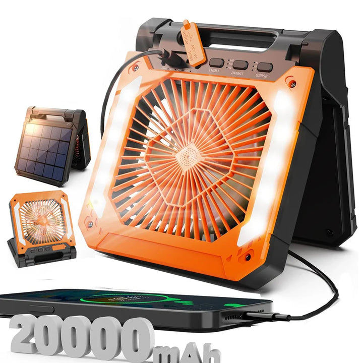 20000mAh Bærbar Elektrisk Vifte med LED Lys — USB, Sol & Bil Lading for Camping | Luvikno