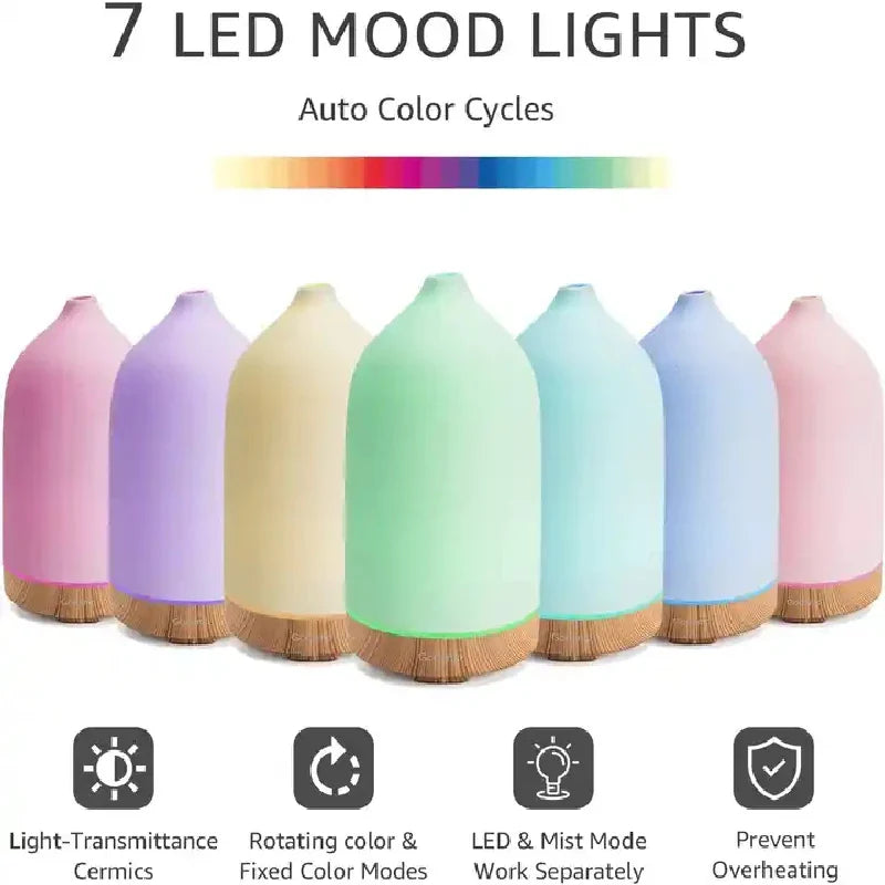 Aromisca Keramisk Aroma Diffuser | 100 ml Ultralyd Luftfukter | 7 LED Farger & Timer | Håndlaget Design | EU Støpsel Luvikno