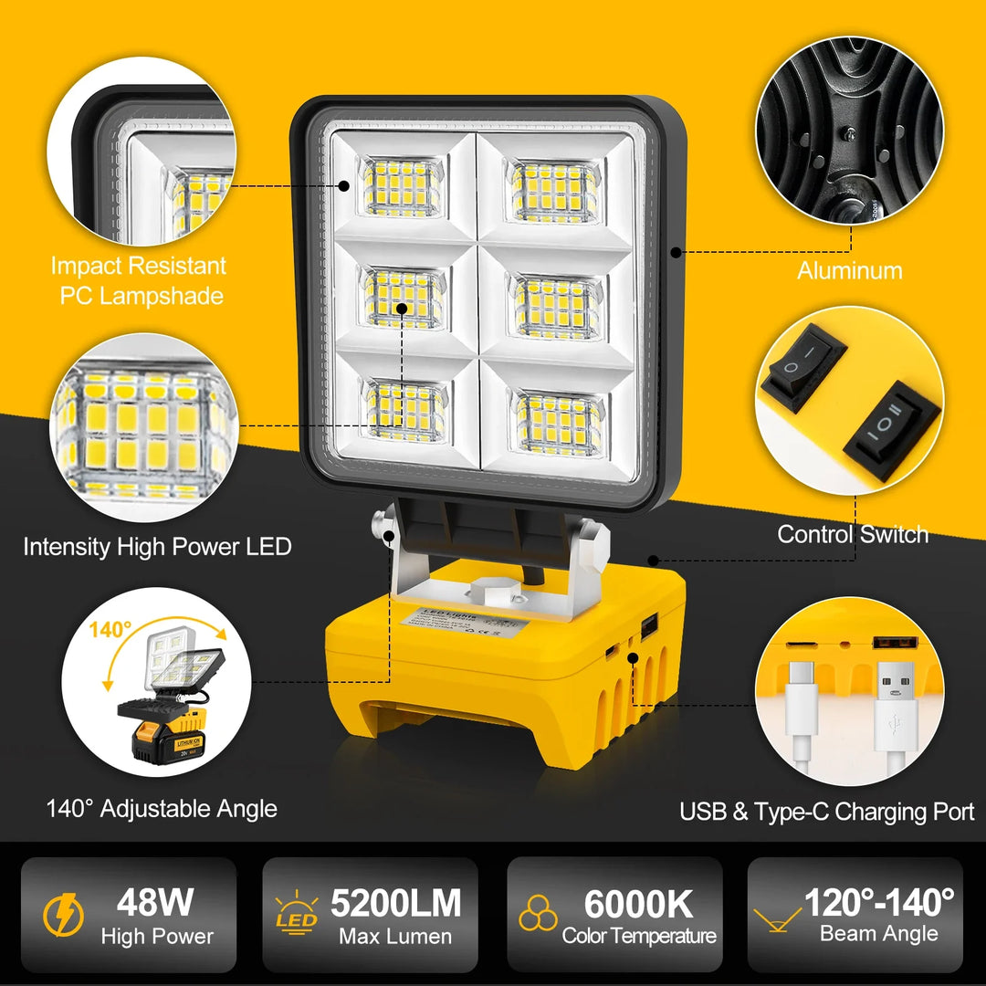 Luvikno | PowerLuma 48 LED Arbeidslys | 48W Batterikonstruksjonsspotlight | 5200 Lumen | USB-C Laderport | For DeWalt Batterier (uten batteri)