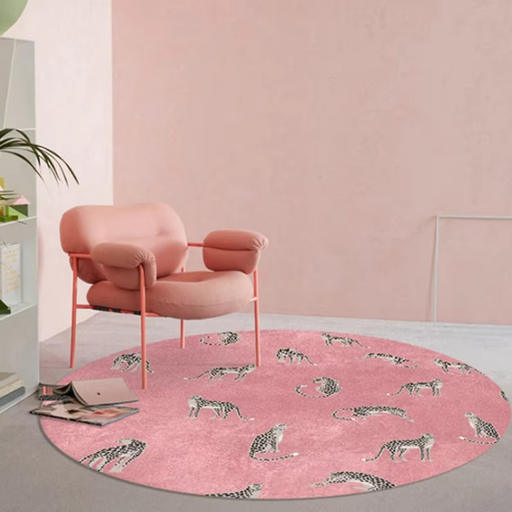 Plysj Rund Leopardmønster Område Rug – Myk Tyknet Gulvmatte for Soverom eller Stue Luvikno