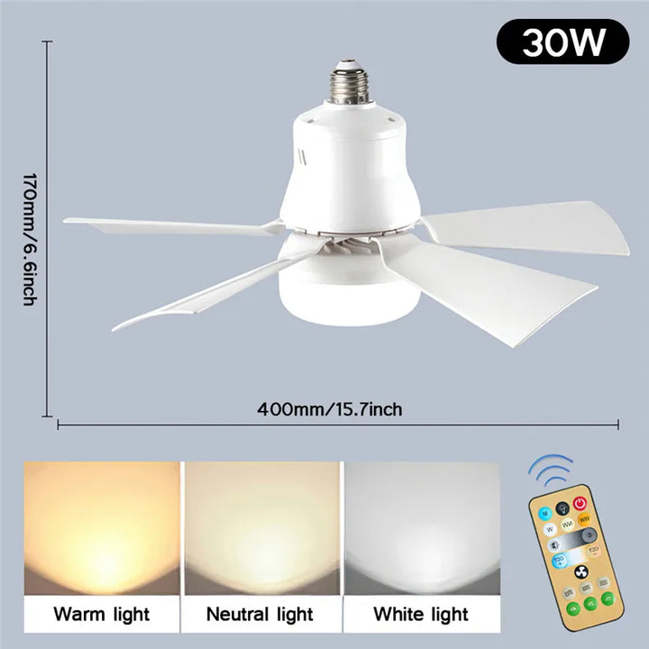 30W E27 Takvifte Lys med Fjernkontroll - LED Dimming Funksjon, Intelligent Stille Vifte for Soverom & Stue | Luvikno