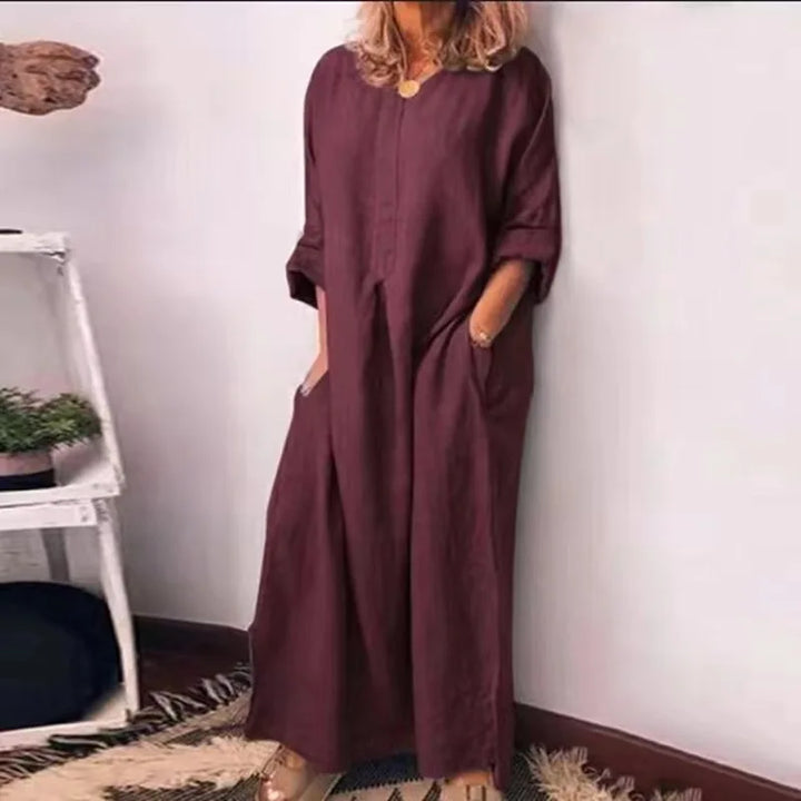 Luvik | Vintage Puuvilla Pellava Pitkä Mekko