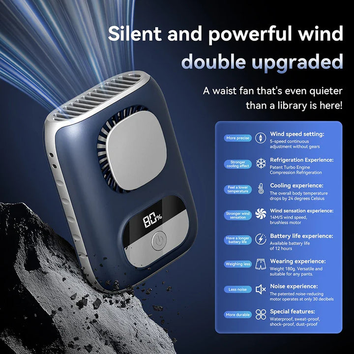 Luvikno | CoolBelt Mini Hip Fan | Bærbar & Bladeless | LED-skjerm & 12 timers driftstid | Oppladbar via USB-C